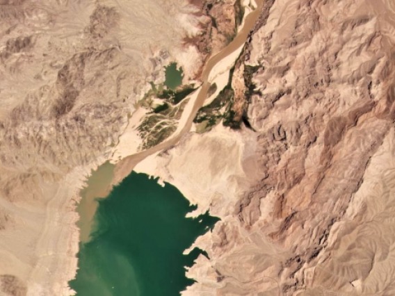 Image showing the Colorado River where it flows out of Iceberg Canyon and into Lake Mead. 