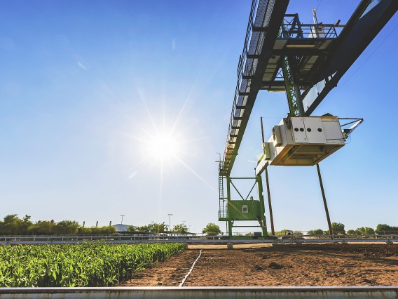 Photo of a robotic scanner over a field of crops