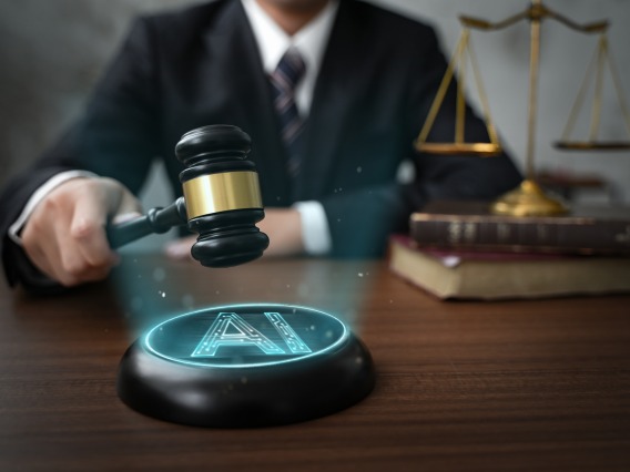 Person holding a gavel about to struck against a circular sound block with an AI symbol 