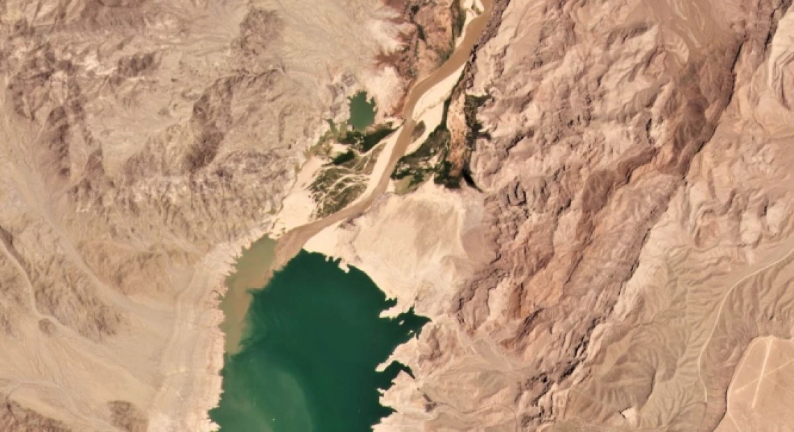 Image showing the Colorado River where it flows out of Iceberg Canyon and into Lake Mead.