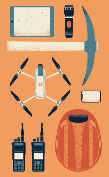 Illustration of mining tools and safety gear